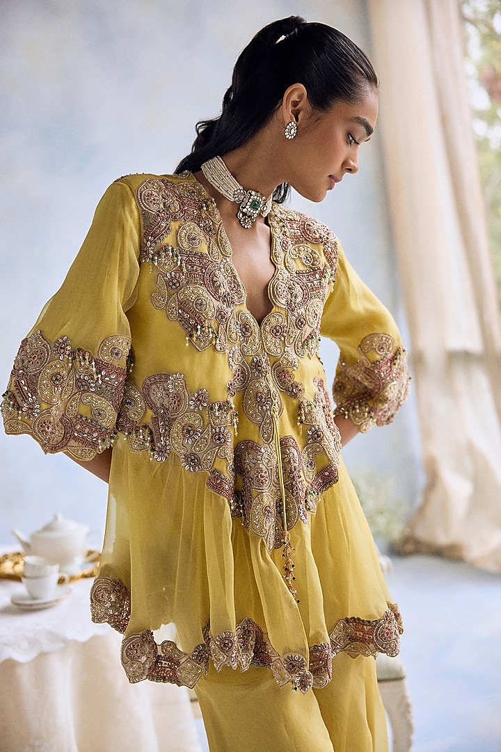Citric Lemon Organza Hand Embroidered Bridal Sharara Set by Ridhima Bhasin at Pernia's Pop Up Shop