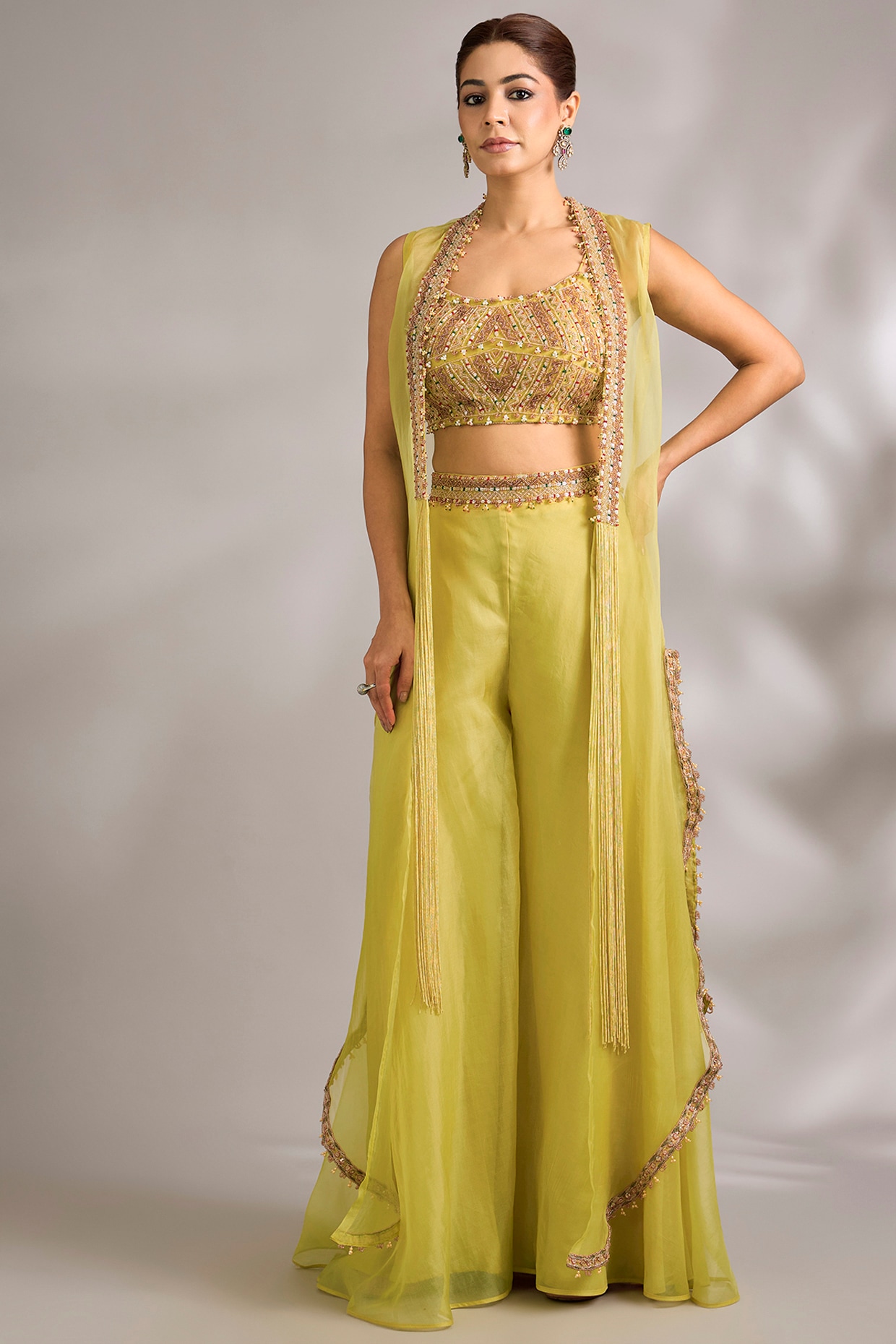 Ridhima Bhasin Citric Lemon Organza Dori Embroidered Cape Set