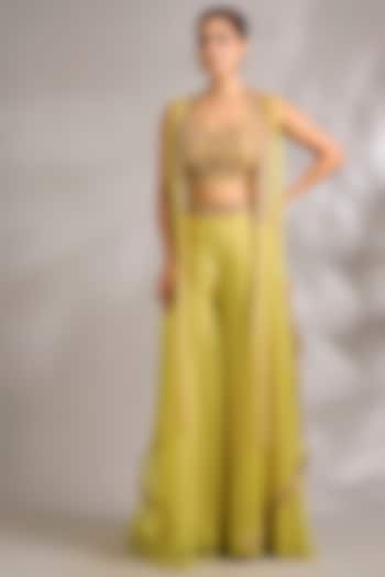 Citric Lemon Organza Dori Embroidered Cape Set by Ridhima Bhasin at Pernia's Pop Up Shop