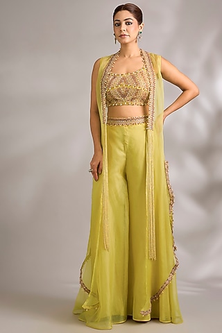 Citric Lemon Organza Dori Embroidered Cape Set by Ridhima Bhasin