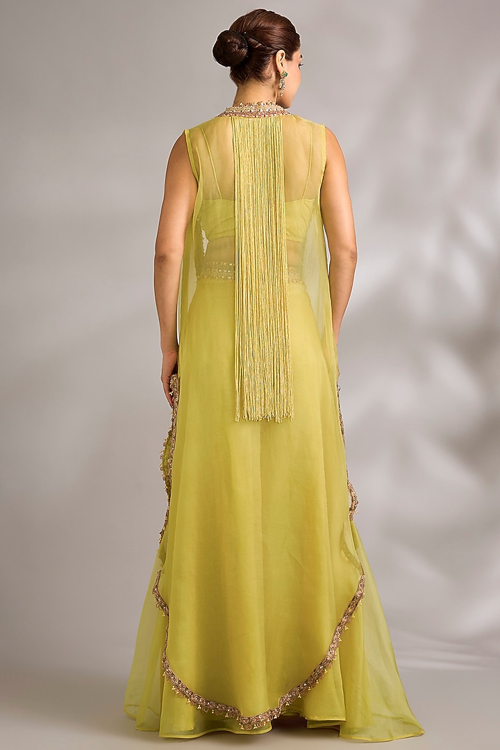 Citric Lemon Organza Dori Embroidered Cape Set by Ridhima Bhasin at Pernia's Pop Up Shop