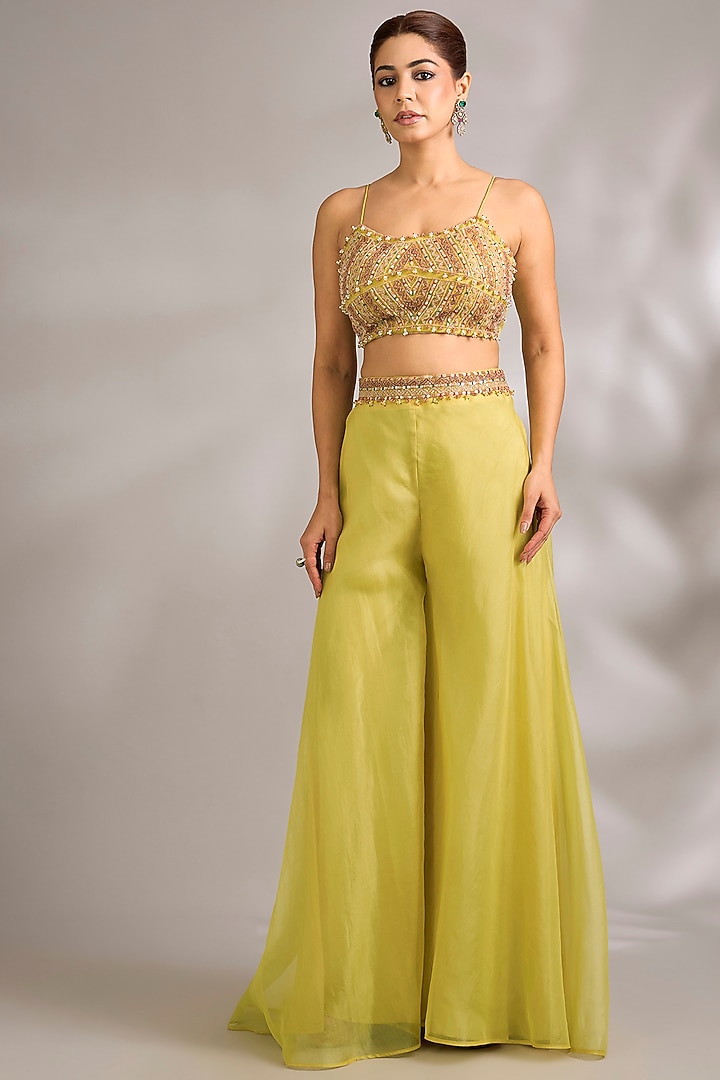 Citric Lemon Organza Dori Embroidered Cape Set by Ridhima Bhasin at Pernia's Pop Up Shop