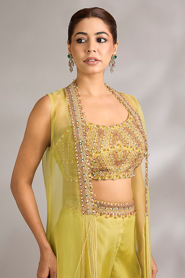 Citric Lemon Organza Dori Embroidered Cape Set by Ridhima Bhasin at Pernia's Pop Up Shop