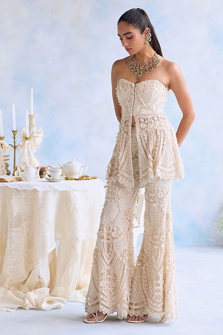Ivory Net 3D Embroidered Bridal Sharara Set by Ridhima Bhasin at Pernia's Pop Up Shop