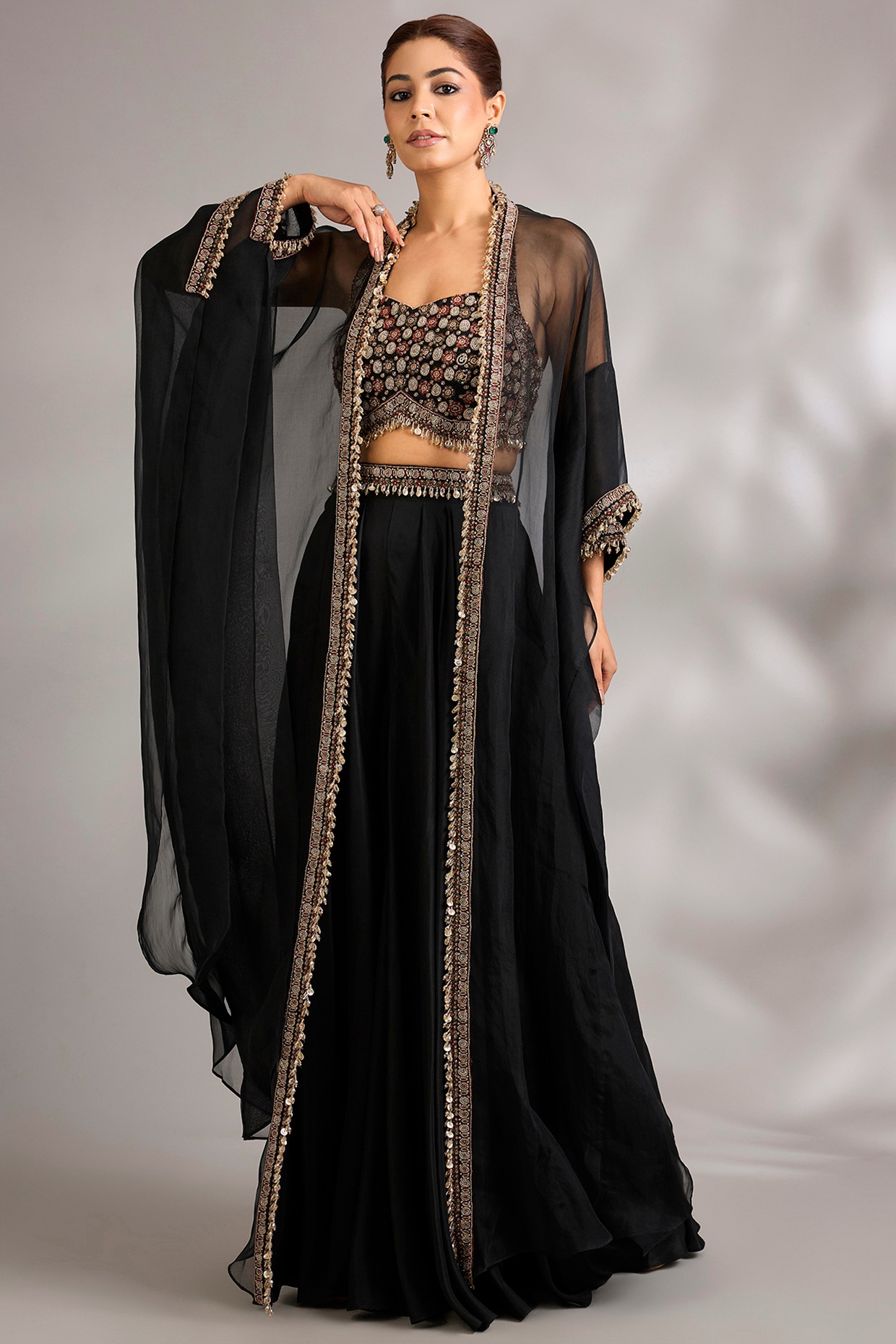 Ridhima Bhasin Midnight Blue Sheer Organza Embroidered Cape Set