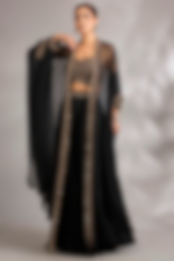 Midnight Blue Sheer Organza Embroidered Cape Set by Ridhima Bhasin at Pernia's Pop Up Shop