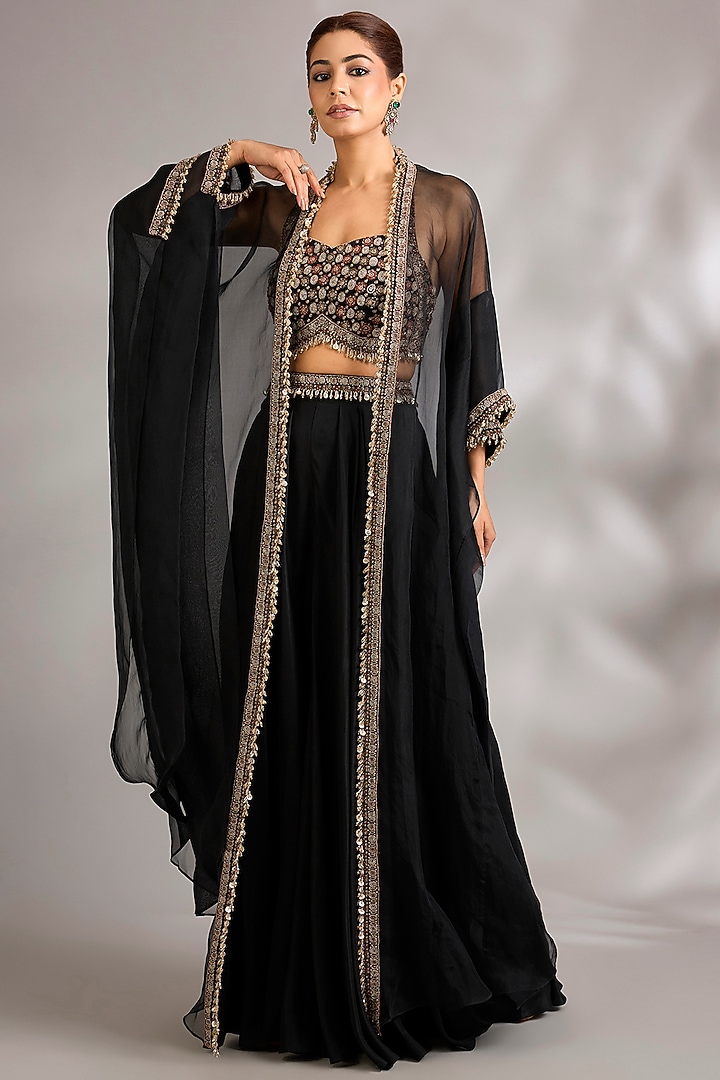 Midnight Blue Sheer Organza Embroidered Cape Set by Ridhima Bhasin at Pernia's Pop Up Shop