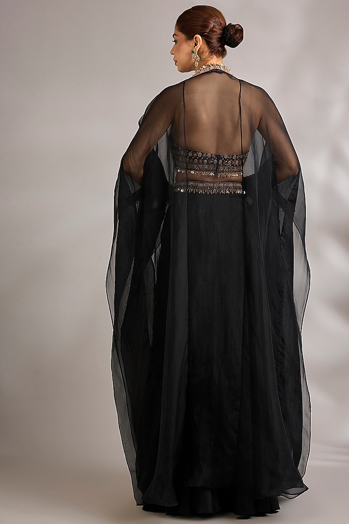Midnight Blue Sheer Organza Embroidered Cape Set by Ridhima Bhasin at Pernia's Pop Up Shop