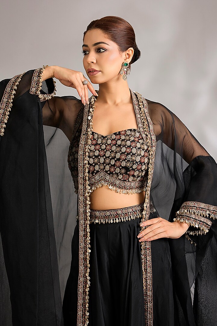 Midnight Blue Sheer Organza Embroidered Cape Set by Ridhima Bhasin at Pernia's Pop Up Shop