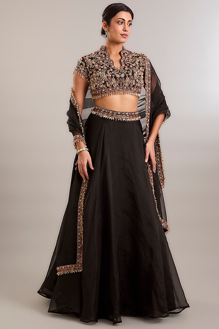 Midnight Black Organza Hand Embroidered Wedding Lehenga Set by Ridhima Bhasin at Pernia's Pop Up Shop