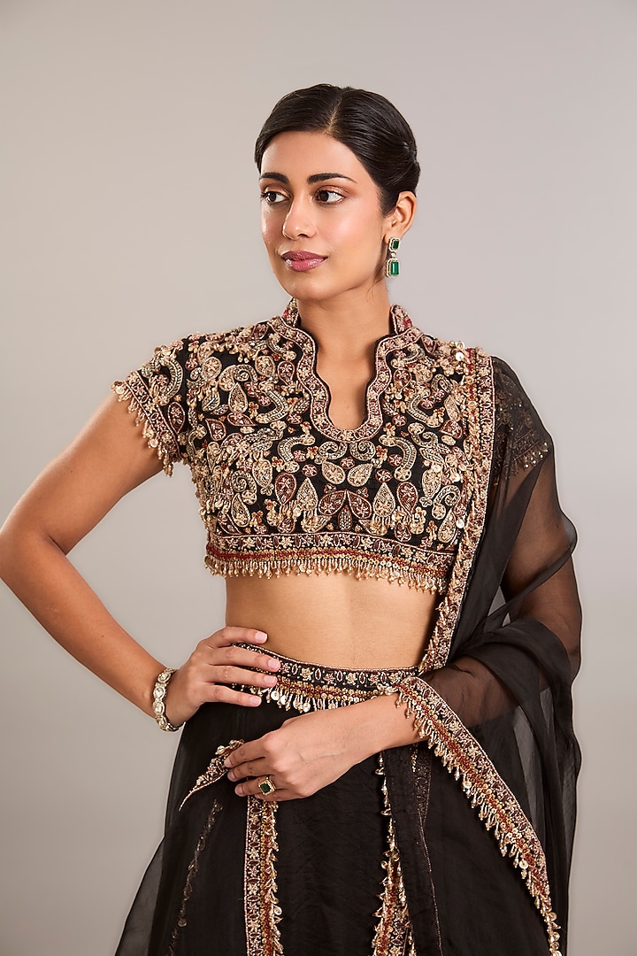 Midnight Black Organza Hand Embroidered Wedding Lehenga Set by Ridhima Bhasin at Pernia's Pop Up Shop