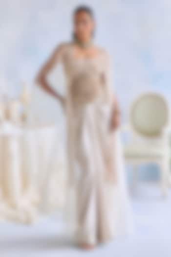 Ivory Satin Hand Embroidered Cowl Draped Skirt Set by Ridhima Bhasin at Pernia's Pop Up Shop