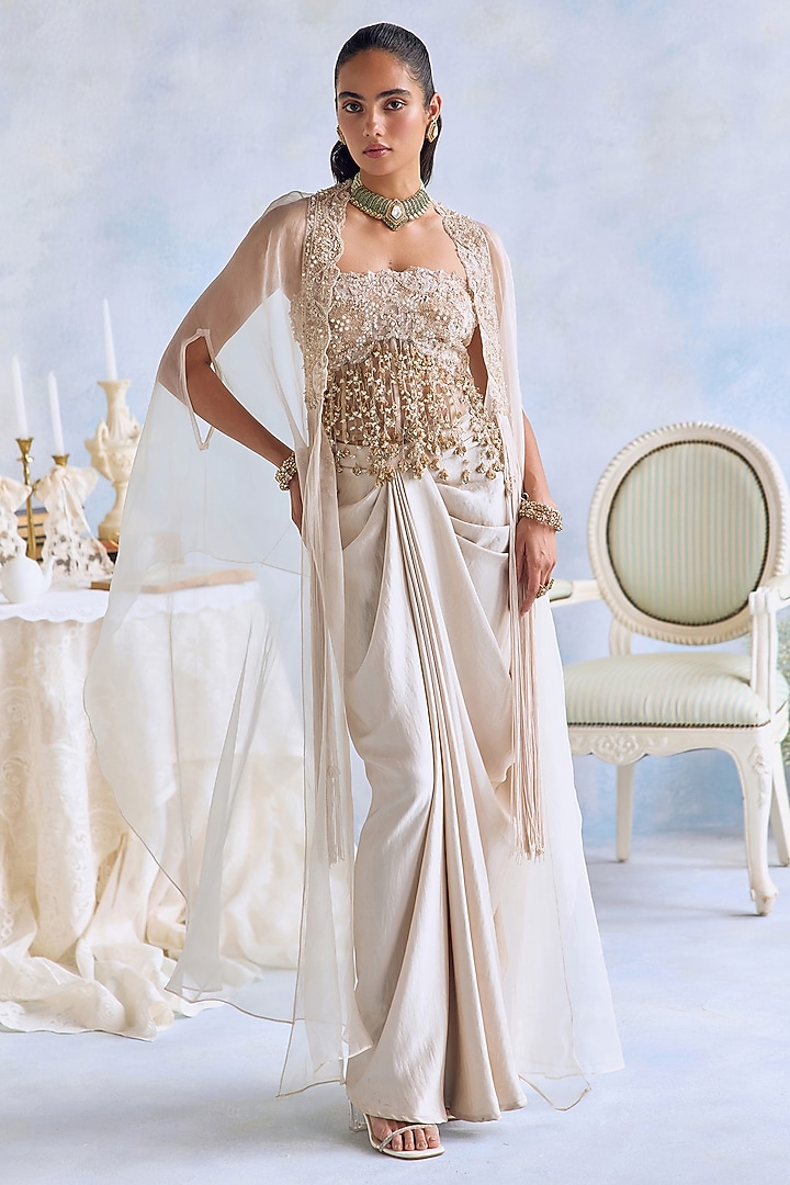 Ivory Satin Hand Embroidered Cowl Draped Skirt Set by Ridhima Bhasin at Pernia's Pop Up Shop