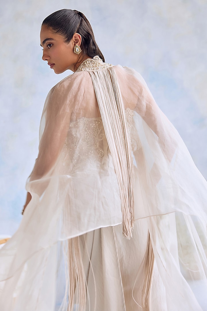 Ivory Satin Hand Embroidered Cowl Draped Skirt Set by Ridhima Bhasin at Pernia's Pop Up Shop