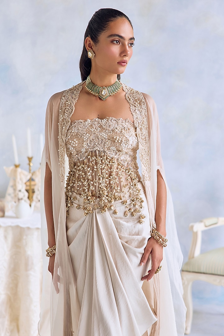 Ivory Satin Hand Embroidered Cowl Draped Skirt Set by Ridhima Bhasin at Pernia's Pop Up Shop