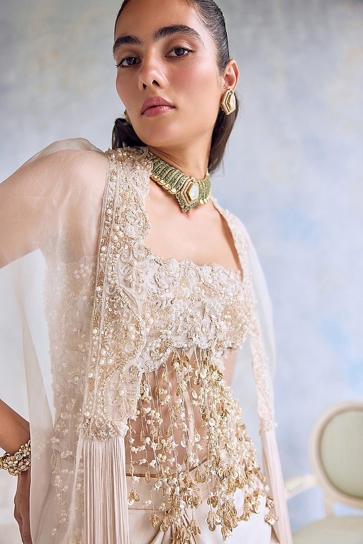 Ivory Satin Hand Embroidered Cowl Draped Skirt Set by Ridhima Bhasin at Pernia's Pop Up Shop