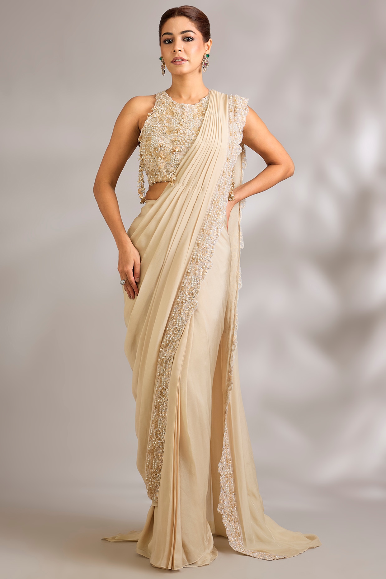 Ridhima Bhasin Nature Nude Organza Hand Embroidered Pre-Draped Saree Set