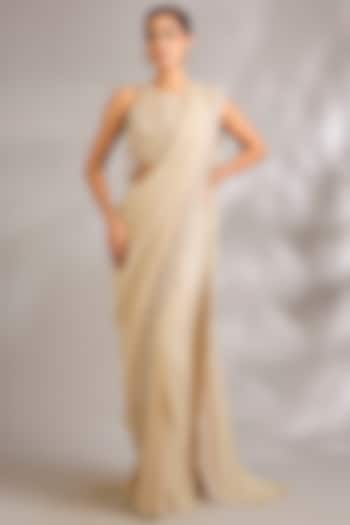 Nature Nude Organza Hand Embroidered Pre-Draped Reception Saree Set by Ridhima Bhasin at Pernia's Pop Up Shop