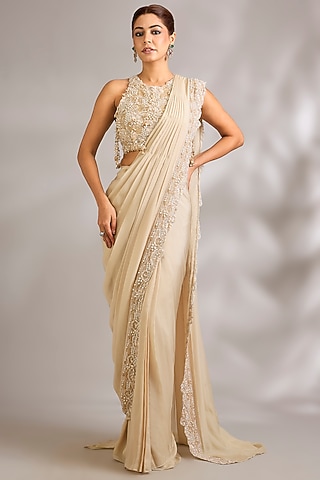 Nature Nude Organza Hand Embroidered Pre-Draped Saree Set by Ridhima Bhasin