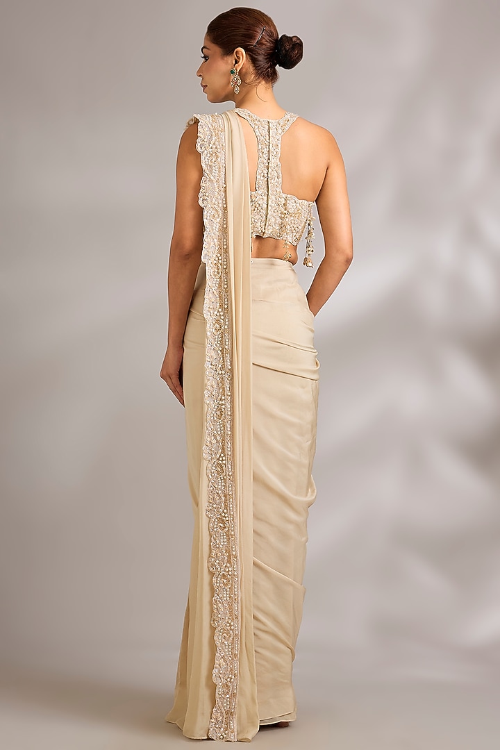 Nature Nude Organza Hand Embroidered Pre-Draped Reception Saree Set by Ridhima Bhasin at Pernia's Pop Up Shop