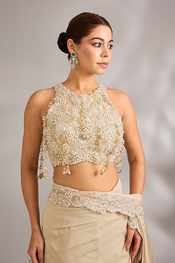 Nature Nude Organza Hand Embroidered Pre-Draped Reception Saree Set by Ridhima Bhasin at Pernia's Pop Up Shop