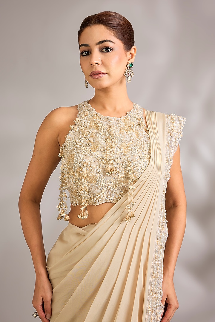 Nature Nude Organza Hand Embroidered Pre-Draped Reception Saree Set by Ridhima Bhasin at Pernia's Pop Up Shop