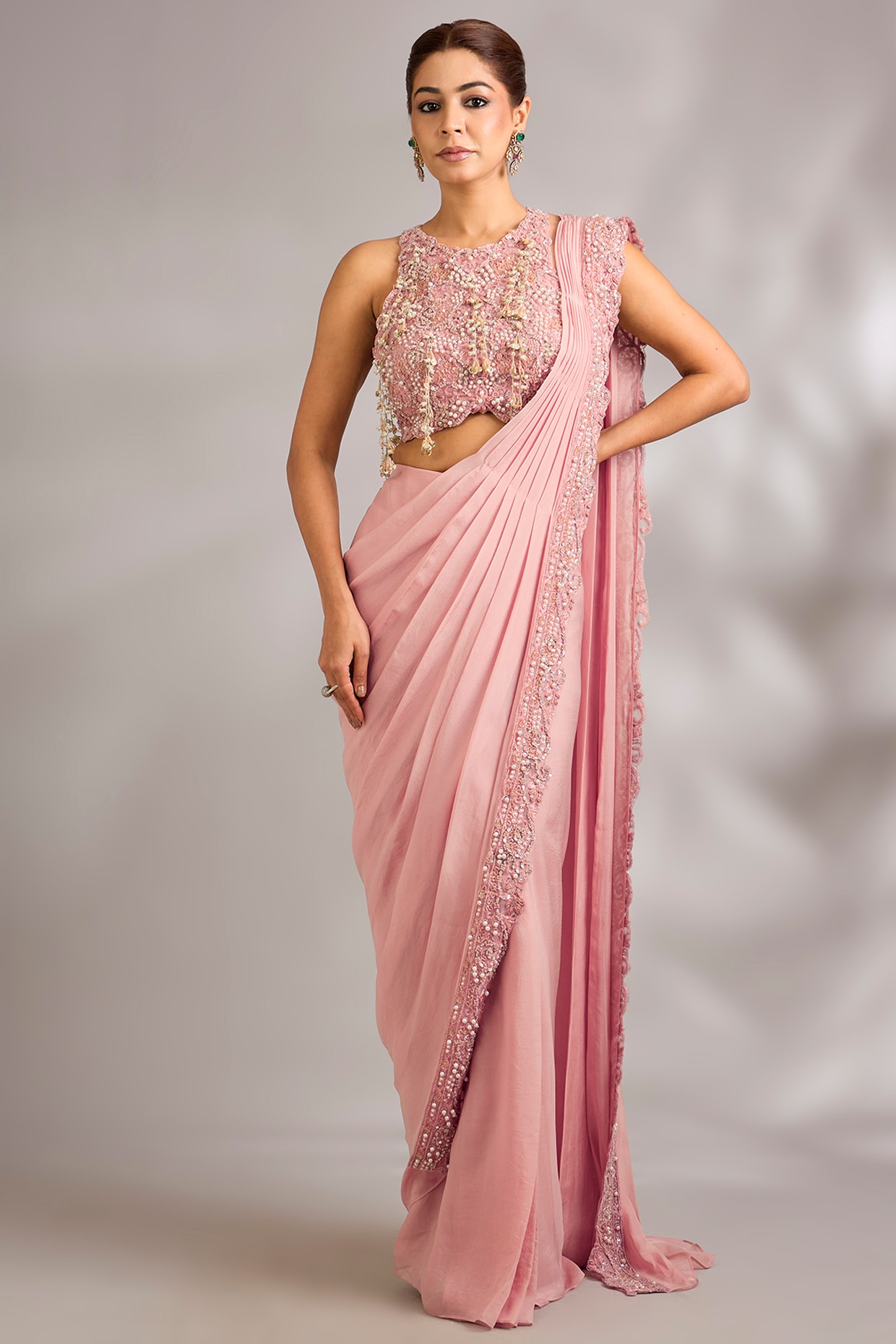 Ridhima Bhasin Blush Pink Organza Hand Embroidered Pre-Draped Saree Set