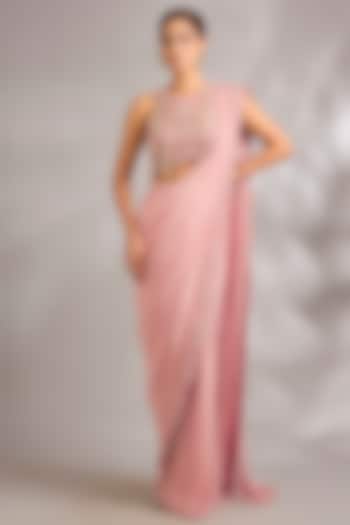 Blush Pink Organza Hand Embroidered Pre-Draped Reception Saree Set by Ridhima Bhasin at Pernia's Pop Up Shop