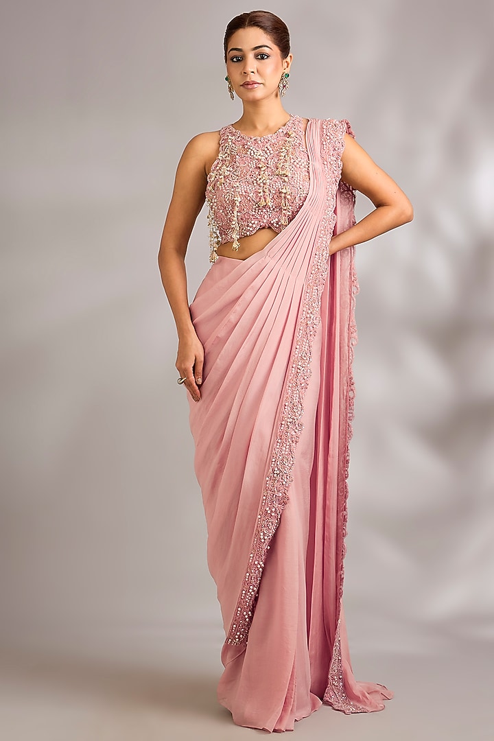 Blush Pink Organza Hand Embroidered Pre-Draped Reception Saree Set by Ridhima Bhasin at Pernia's Pop Up Shop