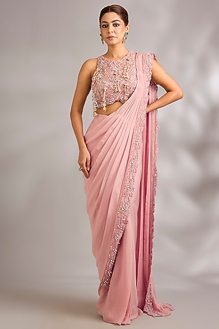 Blush Pink Organza Hand Embroidered Pre-Draped Saree Set by Ridhima Bhasin