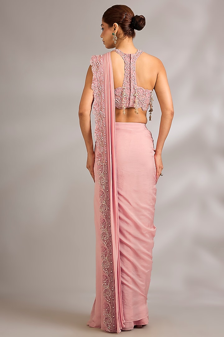 Blush Pink Organza Hand Embroidered Pre-Draped Reception Saree Set by Ridhima Bhasin at Pernia's Pop Up Shop