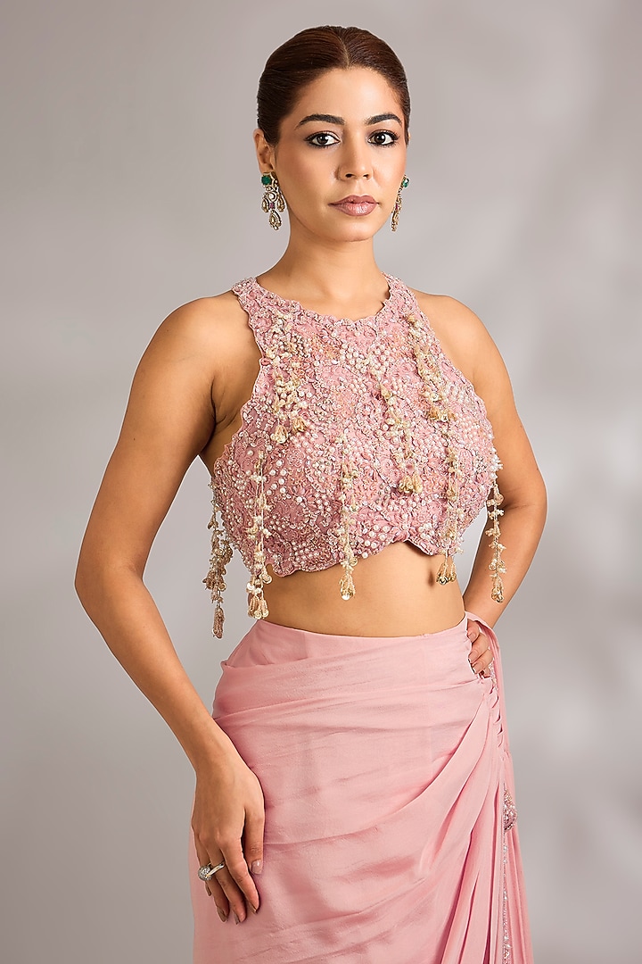 Blush Pink Organza Hand Embroidered Pre-Draped Reception Saree Set by Ridhima Bhasin at Pernia's Pop Up Shop