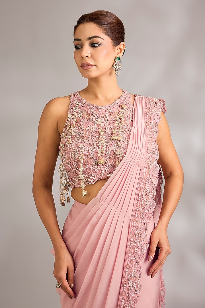 Blush Pink Organza Hand Embroidered Pre-Draped Reception Saree Set by Ridhima Bhasin at Pernia's Pop Up Shop