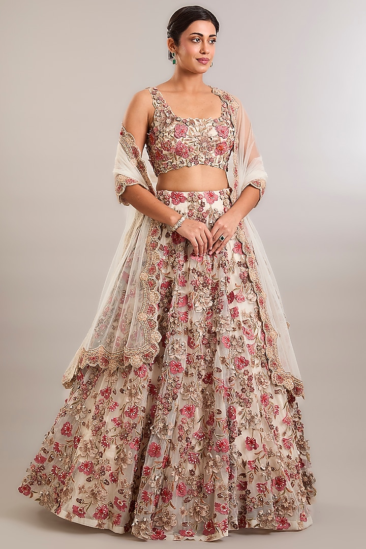 Ivory Organza 3D Hand Embroidered Bridal Lehenga Set by Ridhima Bhasin at Pernia's Pop Up Shop