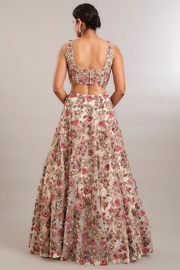 Ivory Organza 3D Hand Embroidered Bridal Lehenga Set by Ridhima Bhasin at Pernia's Pop Up Shop