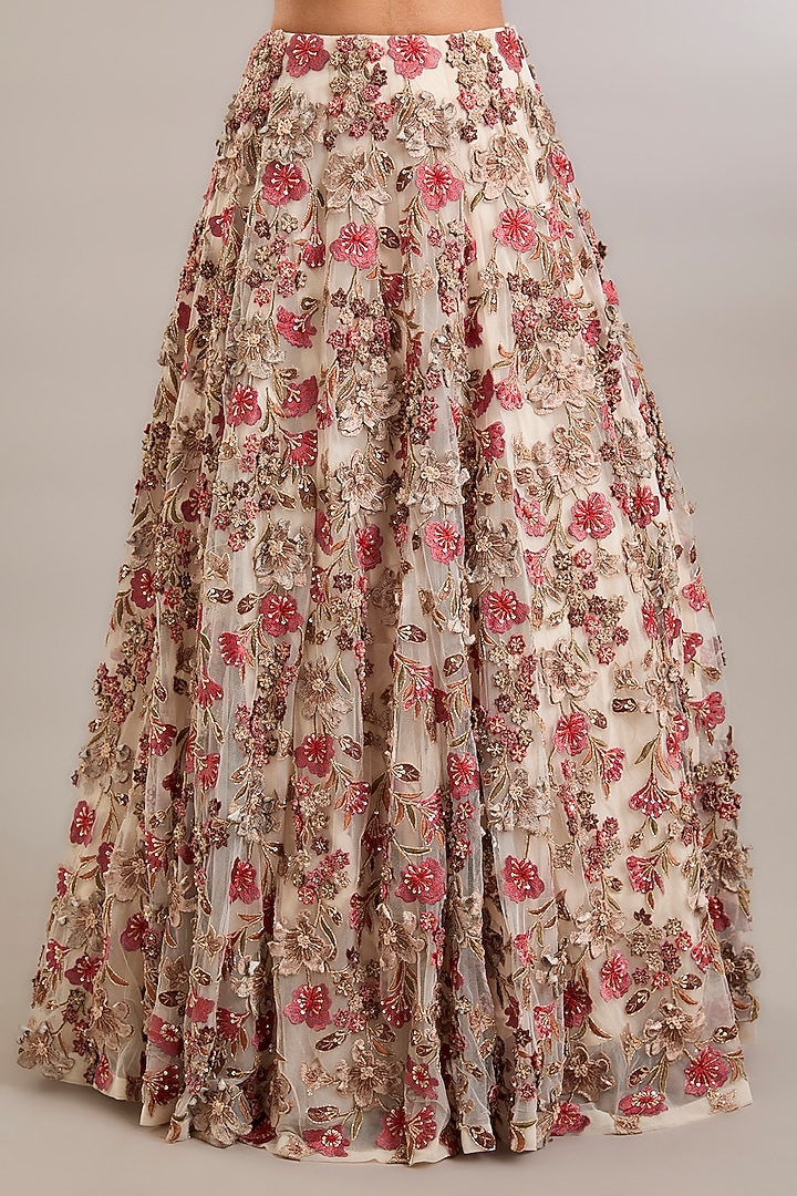 Ivory Organza 3D Hand Embroidered Bridal Lehenga Set by Ridhima Bhasin at Pernia's Pop Up Shop