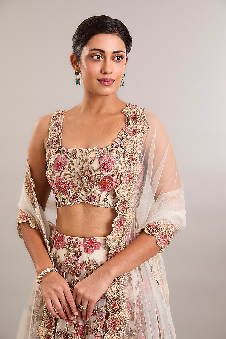 Ivory Organza 3D Hand Embroidered Bridal Lehenga Set by Ridhima Bhasin at Pernia's Pop Up Shop