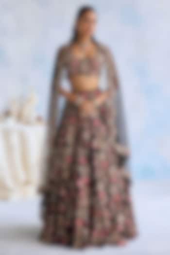 Midnight Black Net 3D Hand Embroidered Bridal Lehenga Set by Ridhima Bhasin at Pernia's Pop Up Shop