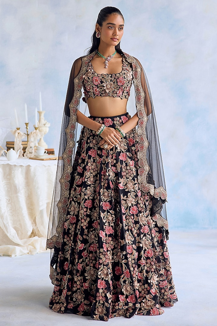 Midnight Black Net 3D Hand Embroidered Bridal Lehenga Set by Ridhima Bhasin at Pernia's Pop Up Shop