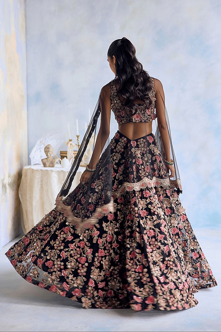 Midnight Black Net 3D Hand Embroidered Bridal Lehenga Set by Ridhima Bhasin at Pernia's Pop Up Shop