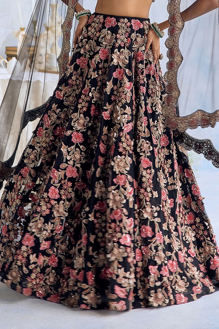 Midnight Black Net 3D Hand Embroidered Bridal Lehenga Set by Ridhima Bhasin at Pernia's Pop Up Shop