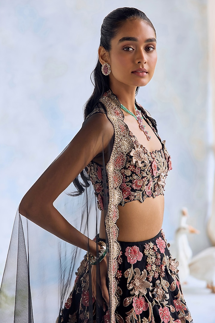 Midnight Black Net 3D Hand Embroidered Bridal Lehenga Set by Ridhima Bhasin at Pernia's Pop Up Shop