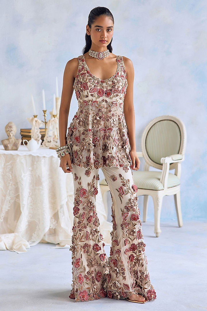 Ivory Net 3D Hand Embroidered Bridal Sharara Set by Ridhima Bhasin at Pernia's Pop Up Shop