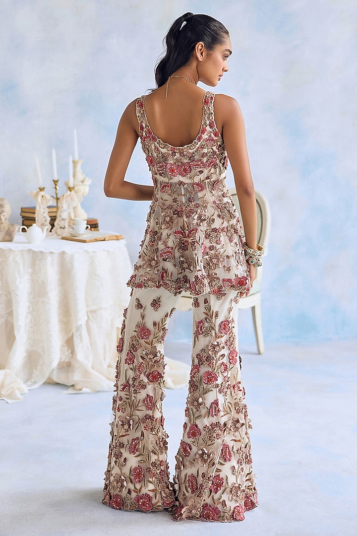 Ivory Net 3D Hand Embroidered Bridal Sharara Set by Ridhima Bhasin at Pernia's Pop Up Shop