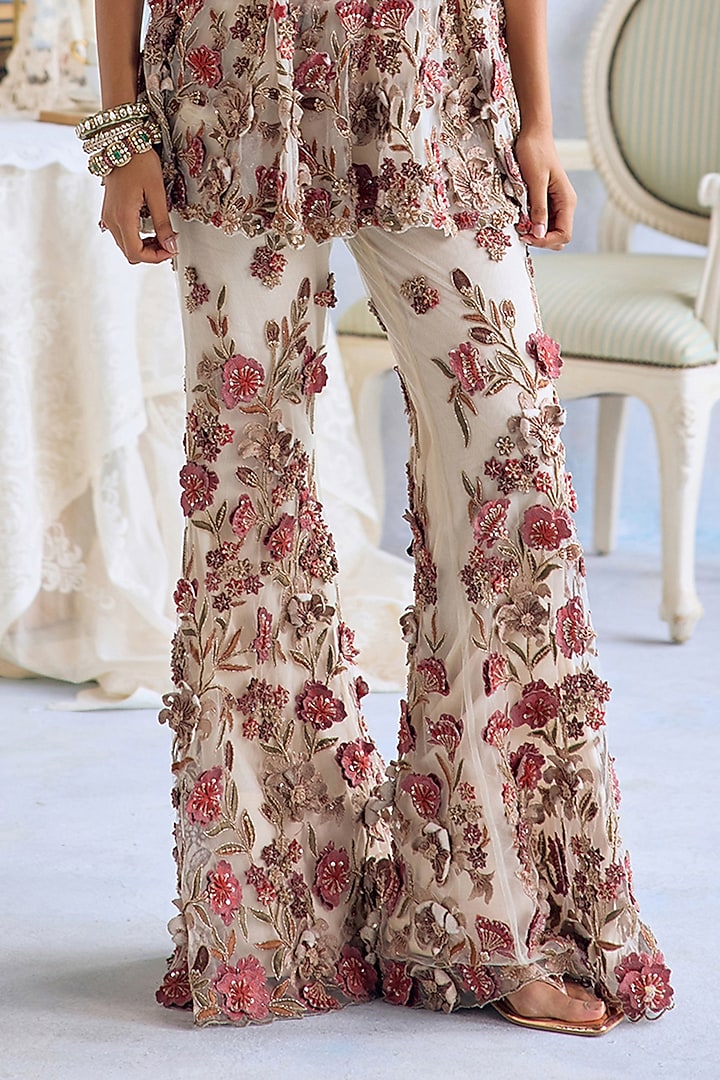 Ivory Net 3D Hand Embroidered Bridal Sharara Set by Ridhima Bhasin at Pernia's Pop Up Shop