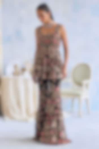 Midnight Black Net 3D Hand Embroidered Bridal Sharara Set by Ridhima Bhasin at Pernia's Pop Up Shop