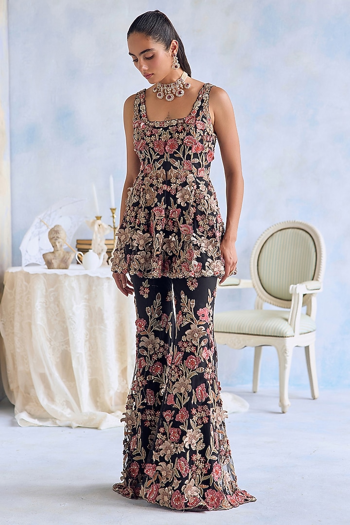Midnight Black Net 3D Hand Embroidered Bridal Sharara Set by Ridhima Bhasin at Pernia's Pop Up Shop