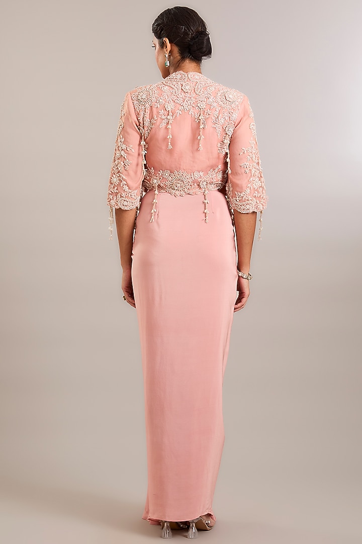 Blush Pink Crepe Hand Embroidered Draped Skirt Set by Ridhima Bhasin at Pernia's Pop Up Shop