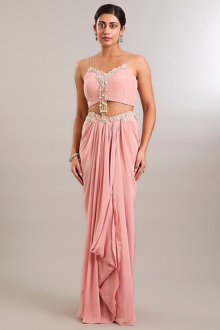 Blush Pink Crepe Hand Embroidered Draped Skirt Set by Ridhima Bhasin at Pernia's Pop Up Shop