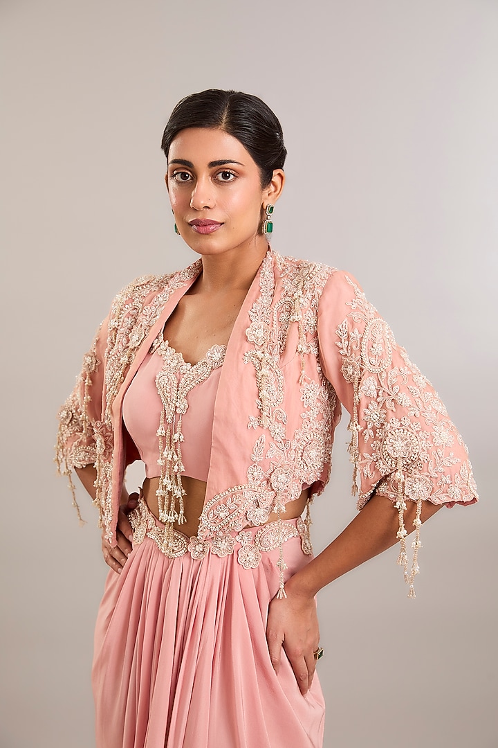 Blush Pink Crepe Hand Embroidered Draped Skirt Set by Ridhima Bhasin at Pernia's Pop Up Shop